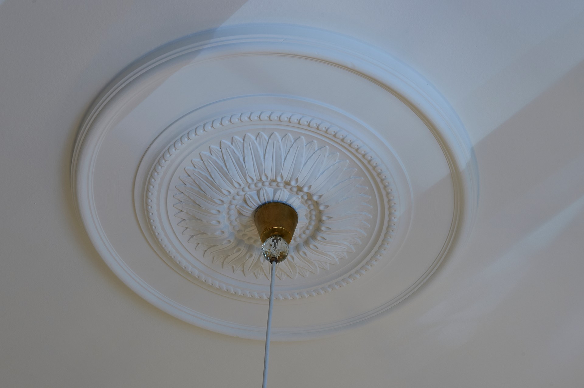 Dekorative Rosette mit aufwendigem Relief, die eine Pendelleuchte in einem eleganten Deckendesign hervorhebt.