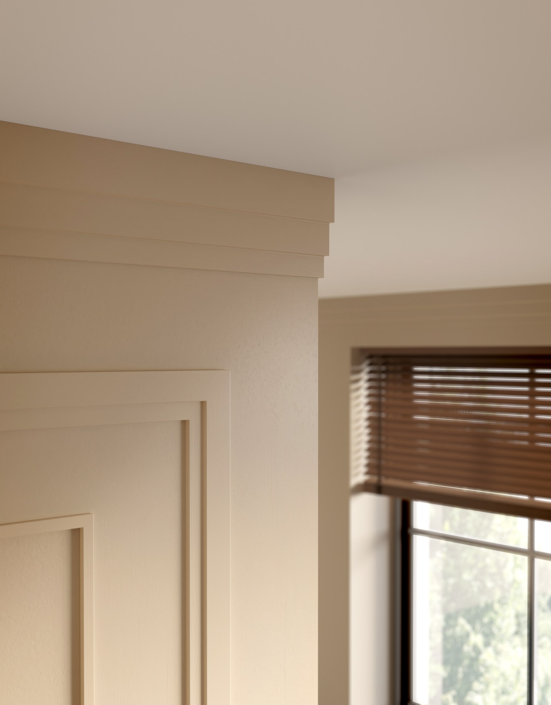 Gestufte Deckenleisten sorgen für einen klaren architektonischen Übergang zwischen Wand und Decke.