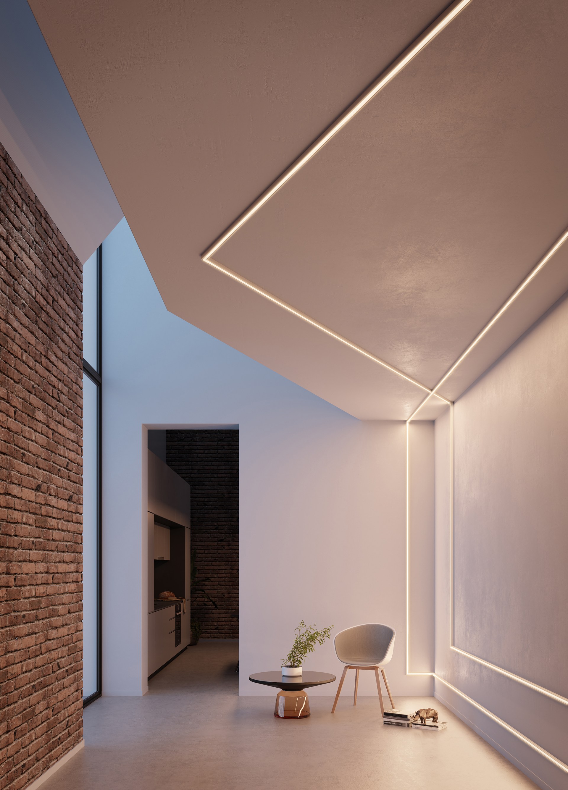 Integrierte Lichtprofile, die Wände und Decken umrahmen und ein raffiniertes architektonisches Lichtkonzept schaffen.