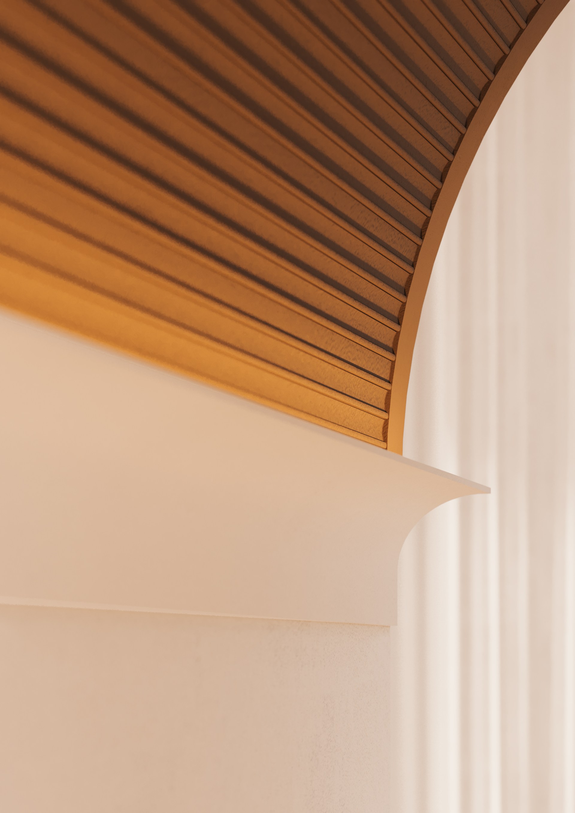 Lineare Wandpaneele an der Decke schaffen eine geschwungene architektonische Fläche mit raffinierter Struktur.