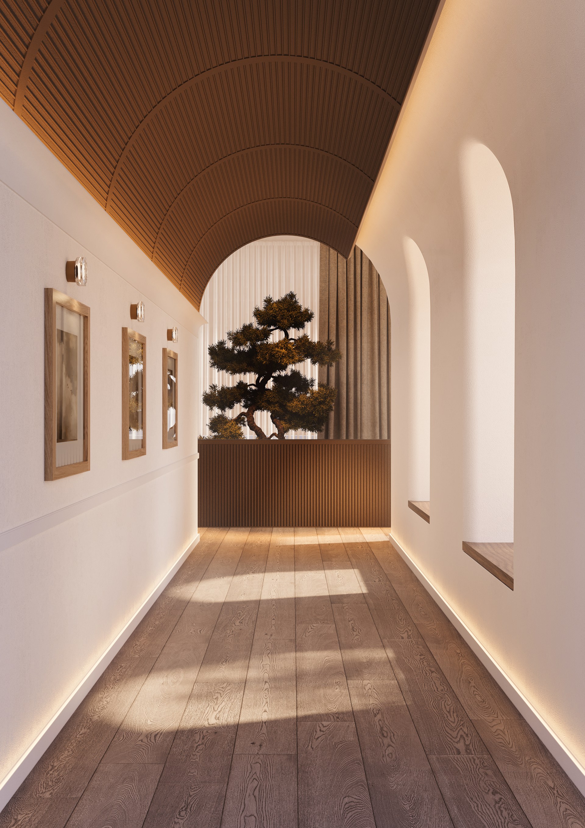 Lineare Wandpaneele, angebracht an der Decke, bilden eine geschwungene Deckenfläche mit architektonischem Rhythmus.
